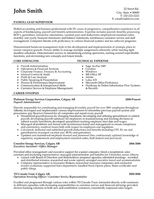 Payroll Supervisor Resume Sample & Template